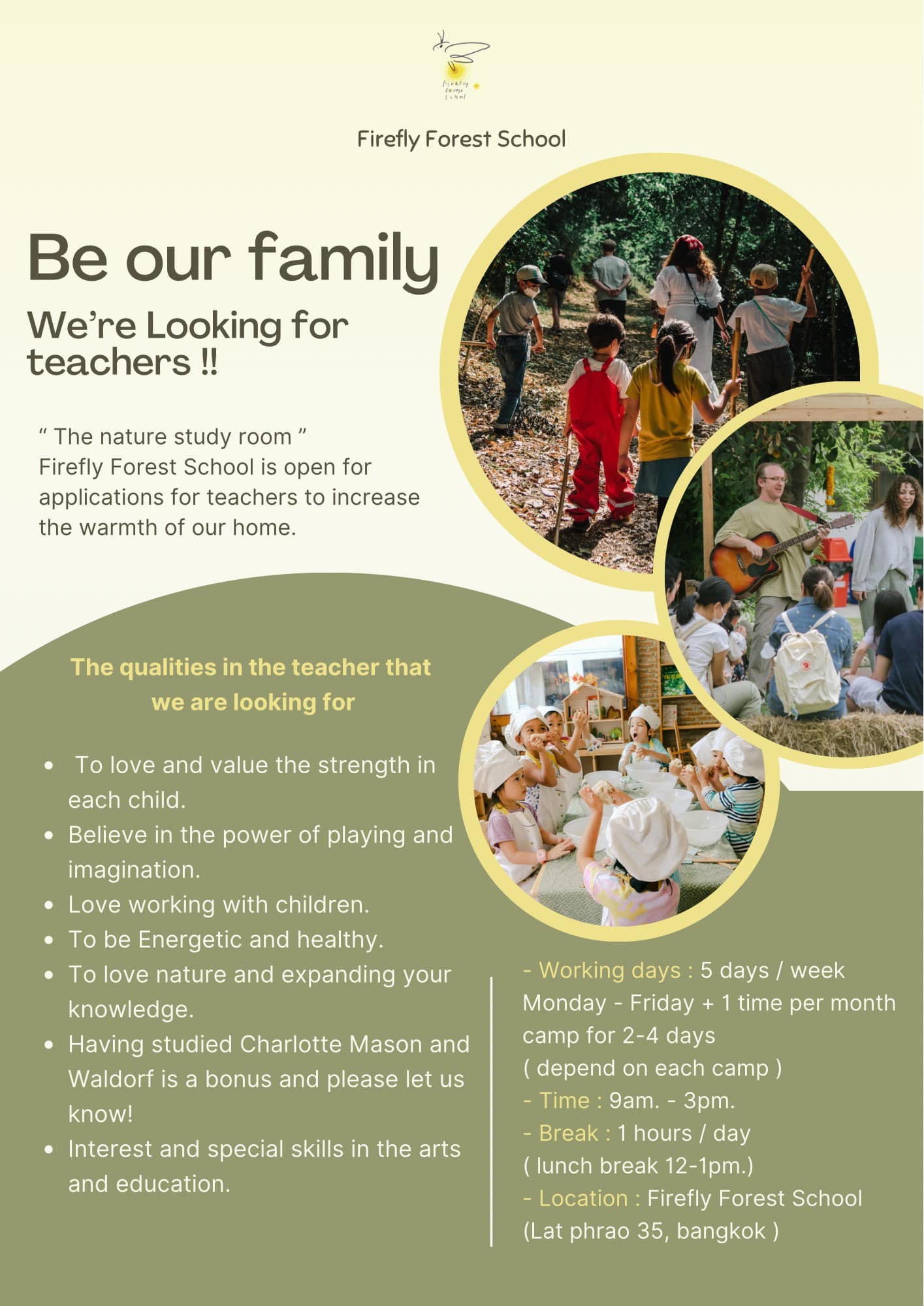 We are Looking for teachers!! 
 “The nature study room” Firefly Forest School …